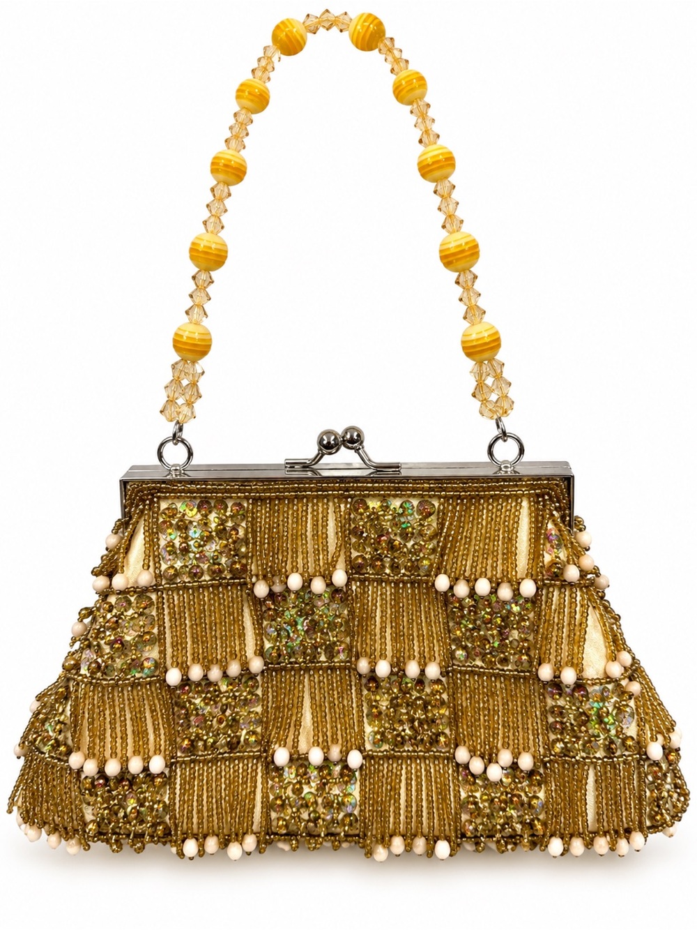 Gold Beaded Sequin Evening Bag Purse Kiss Lock Fringe Beaded Handle 10”